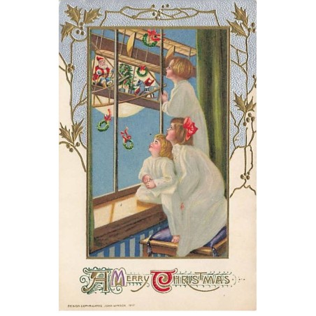 n°24269 - Carte Gaufrée - Noël - A Merry Christmas - Enfants regardant le Père Noël dans un avion  rempli de jouets