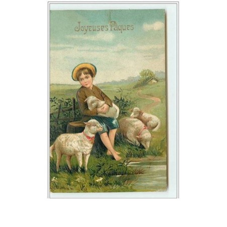 n°2427 - Carte Gaufrée - Joyeuses Pâques - Enfant assis et moutons
