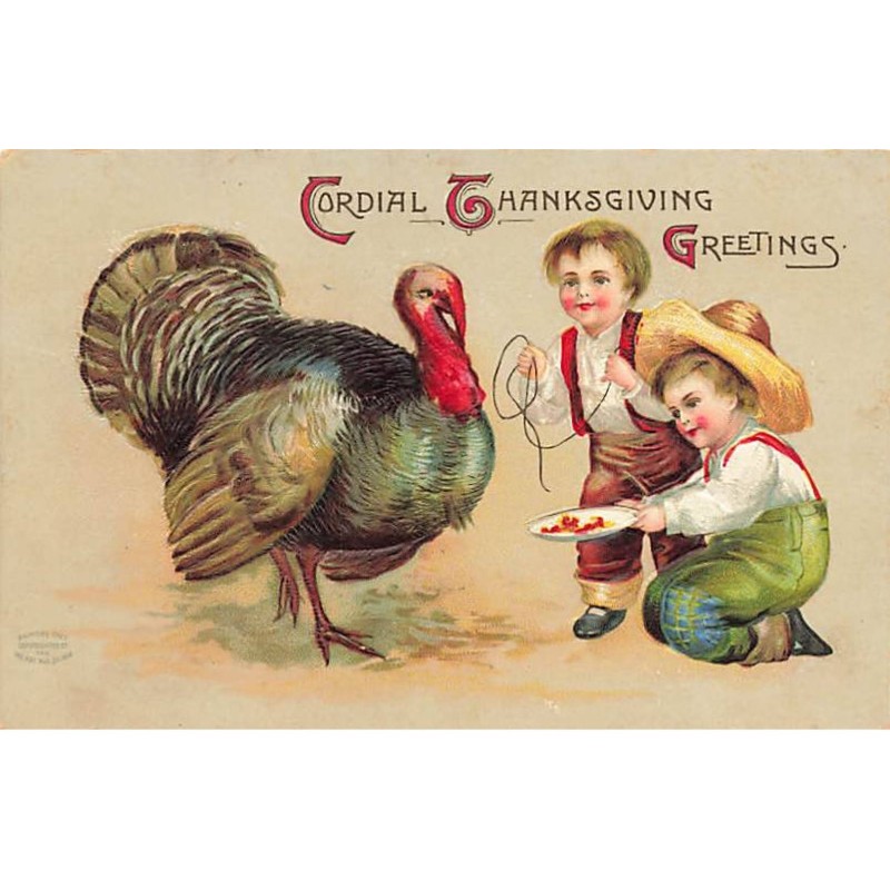 n°24272 - Carte Gaufrée - Clapsaddle - Cordial Thanksgiving Greetings - Garçons près d'une dinde