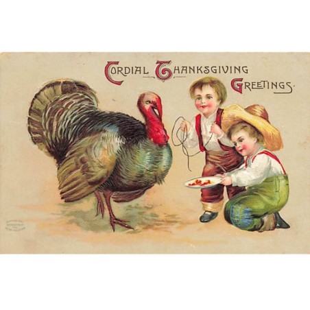 n°24272 - Carte Gaufrée - Clapsaddle - Cordial Thanksgiving Greetings - Garçons près d'une dinde