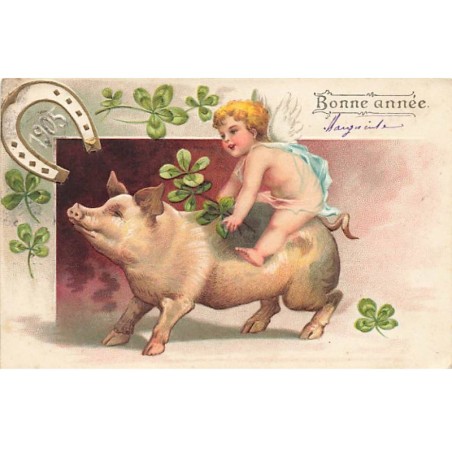 n°24279 - Carte Gaufrée - Clapsaddle - Bonne Année 1905 - Ange sur le dos d'un cochon