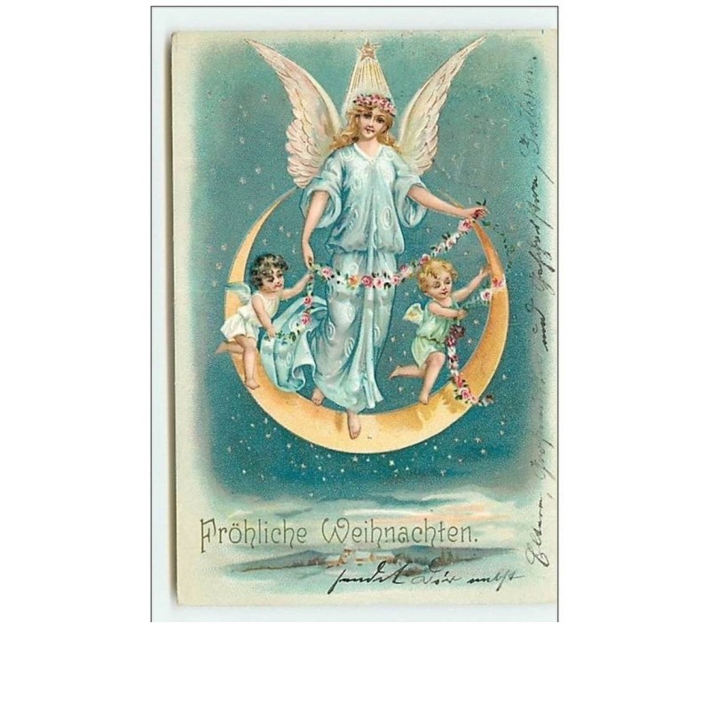n°10099 - Carte Fantaisie - Fröhliche Weihnachten - Ange Gardien et Angelots sur un croissant de lune