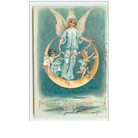 n°10099 - Carte Fantaisie - Fröhliche Weihnachten - Ange Gardien et Angelots sur un croissant de lune