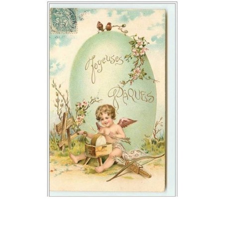 n°2428 - Carte Gaufrée - Joyeuses Pâques - Angelot taillant ses flèches devant un oeuf