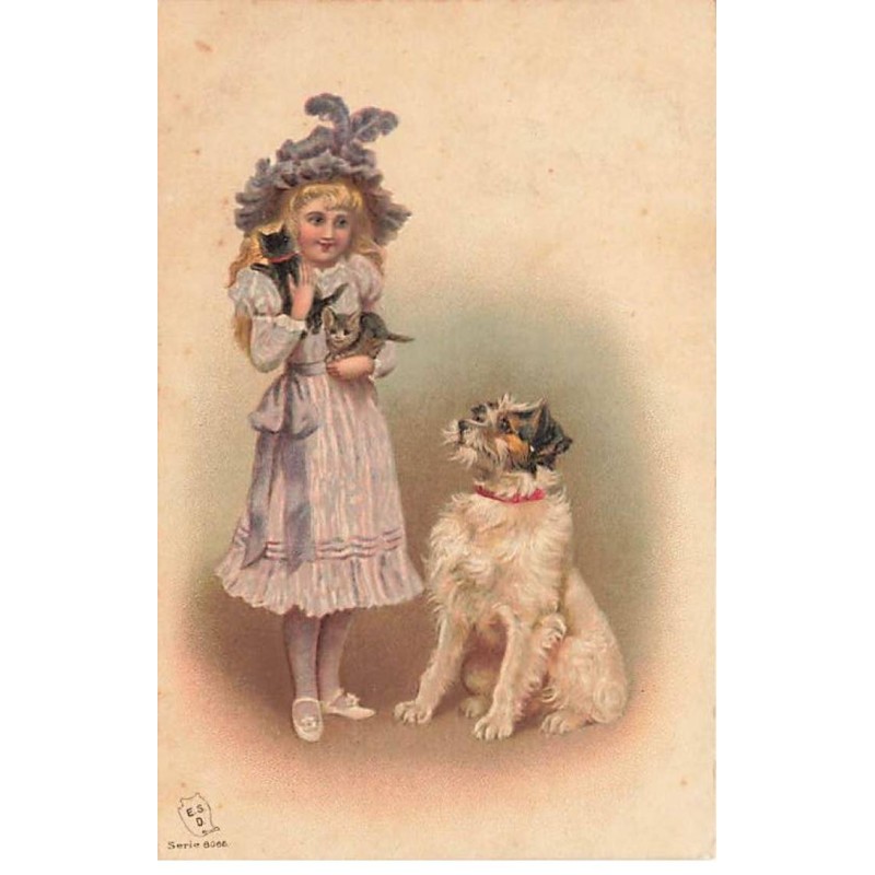 n°24289 - Carte Gaufrée - Fantaisie - Jeune fille tenant des chatons, près d'un chien - chat