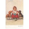n°24290 - Animaux - Chien - Deux teckels autour d'une fillette buvant un chocolat - dackel