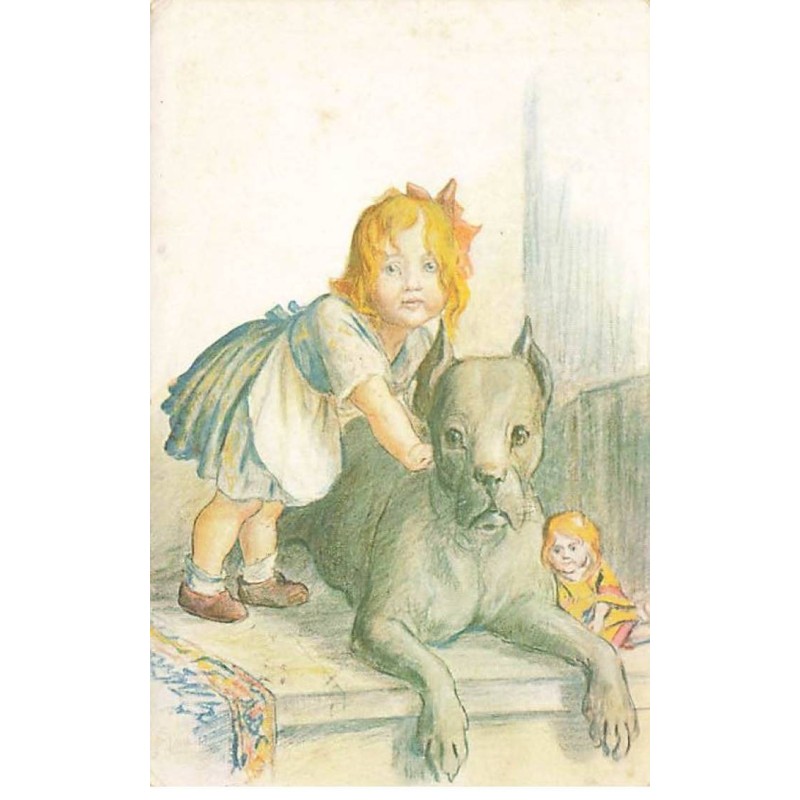 n°24291 - Fantaisie - Fillette faisant un câlin à un gros chien - poupée