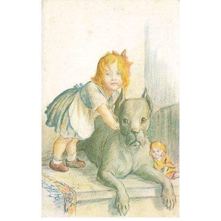 n°24291 - Fantaisie - Fillette faisant un câlin à un gros chien - poupée