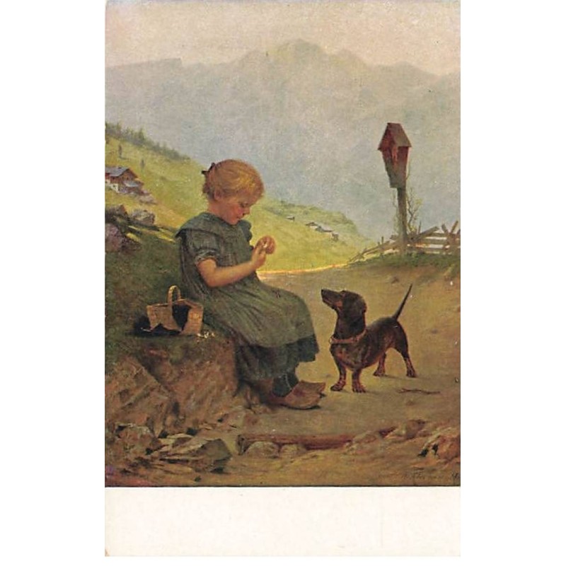 n°24292 - Animaux - Fillette mangeant sous le regard d'un teckel