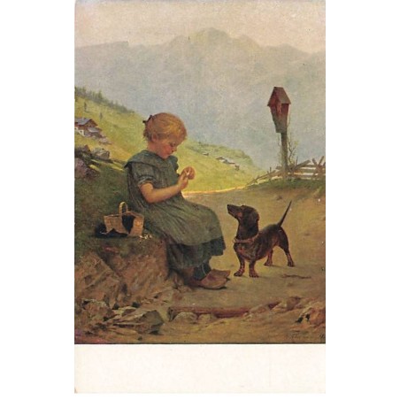 n°24292 - Animaux - Fillette mangeant sous le regard d'un teckel
