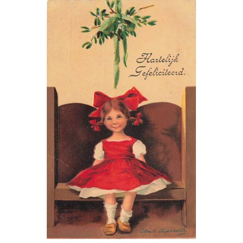 n°24297 - Carte Gaufrée - Clapsaddle - Hartelijk Gefeliciteerd - Fillette assise sous du gui
