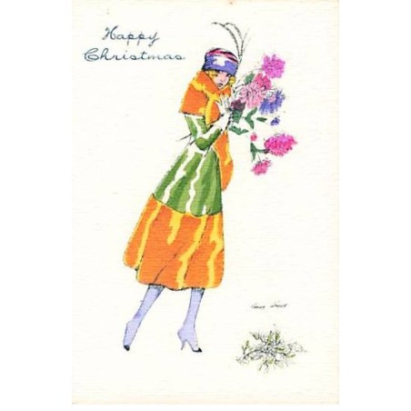 n°24302 - Illustrateur - X. sager - Happy Christmas - Jeune femme avec des fleurs - Format 6 x 9 cm