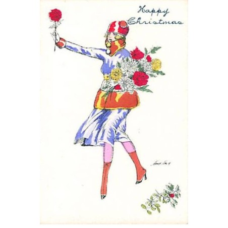 n°24303 - Illustrateur - X. sager - Happy Christmas - Jeune femme offrant une fleur - Format 6 x 9 cm