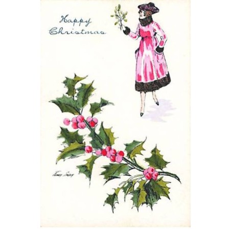 n°24304 - Illustrateur - X. sager - Happy Christmas - Jeune femme avec du houx et du gui - Format 6 x 9 cm
