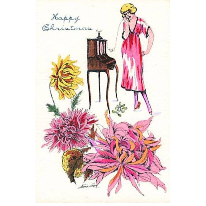 n°24305 - Illustrateur - X. sager - Happy Christmas - Jeune femme au téléphone, et fleurs - Format 6 x 9 cm