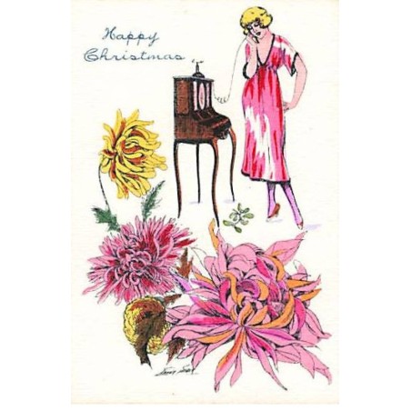 n°24305 - Illustrateur - X. sager - Happy Christmas - Jeune femme au téléphone, et fleurs - Format 6 x 9 cm