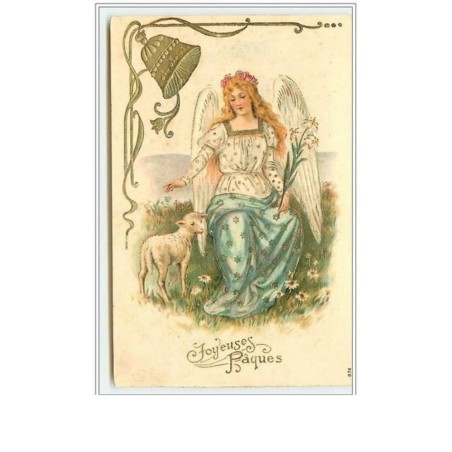 n°2431 - Carte Gaufrée - Joyeuses Pâques - Ange - Mouton, cloche