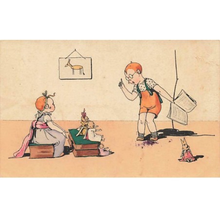 n°24315 - Illustrateur - MM Vienne - Garçon faisant la classe à une petite fille et ses poupées
