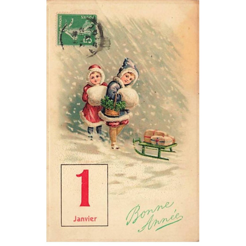 n°24321 - Carte Gaufrée - Bonne Année - Fillettes près d'une luge sous la neige