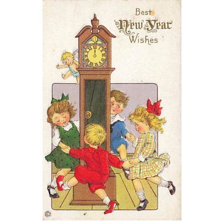 n°24322 - Carte Gaufrée - Nouvel An - Best New Year Wishes - Enfants faisant une ronde autour d'une pendule