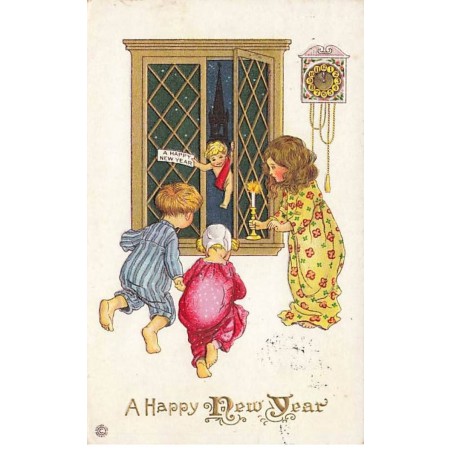 n°24323 - Carte Gaufrée - Nouvel An - A Happy New Year - Enfants accueillant un ange à une fenêtre