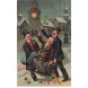 n°24325 - Carte Gaufrée - Nouvel An - Hommes en costume ayant trop bu, un assis sur un tonneau