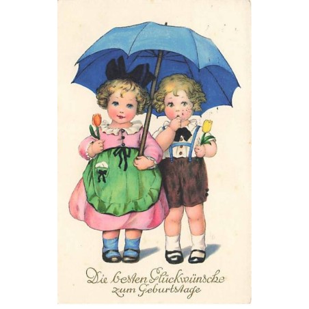 n°24327 - Anniversaire - Lia Doring - Deux enfants sous un parapluie, tenant une tulipe