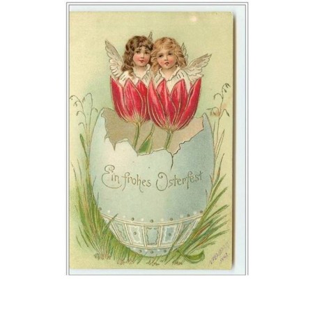 n°2433 - Carte Gaufrée - Ein Frohes Osterfest - Angelots dans des tulipes