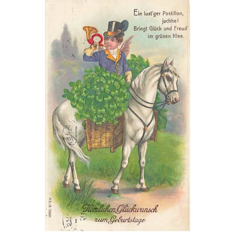 n°24331 - Carte Gaufrée - Anniversaire - Ange sonnant du cor sur un cheval
