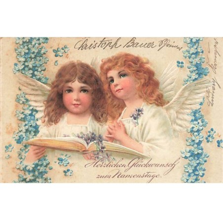 n°24332 - Carte Gaufrée - Anniversaire - Deux anges lisant, myosotis