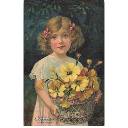 n°24333 - Carte Gaufrée - Anniversaire - Fillette portant une corbeille de fleurs