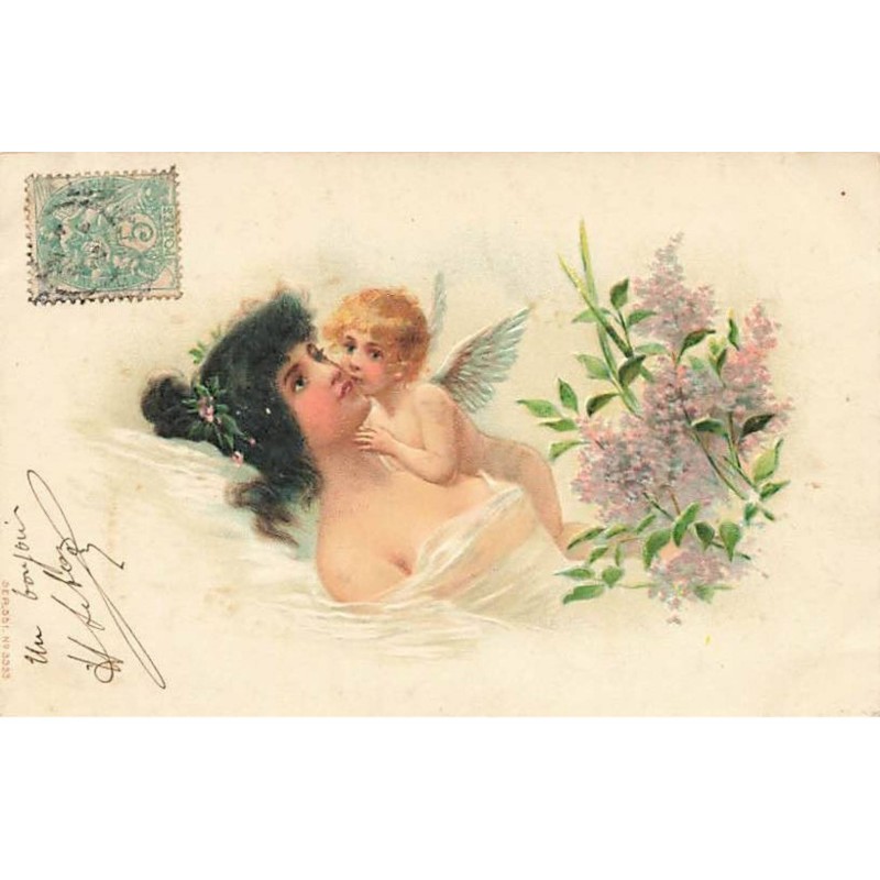 n°24337 - Carte Gaufrée - Fantaisie - Ange embrassant une jeune femme, et du lilas