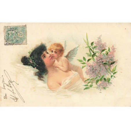 n°24337 - Carte Gaufrée - Fantaisie - Ange embrassant une jeune femme, et du lilas
