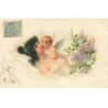 n°24337 - Carte Gaufrée - Fantaisie - Ange embrassant une jeune femme, et du lilas