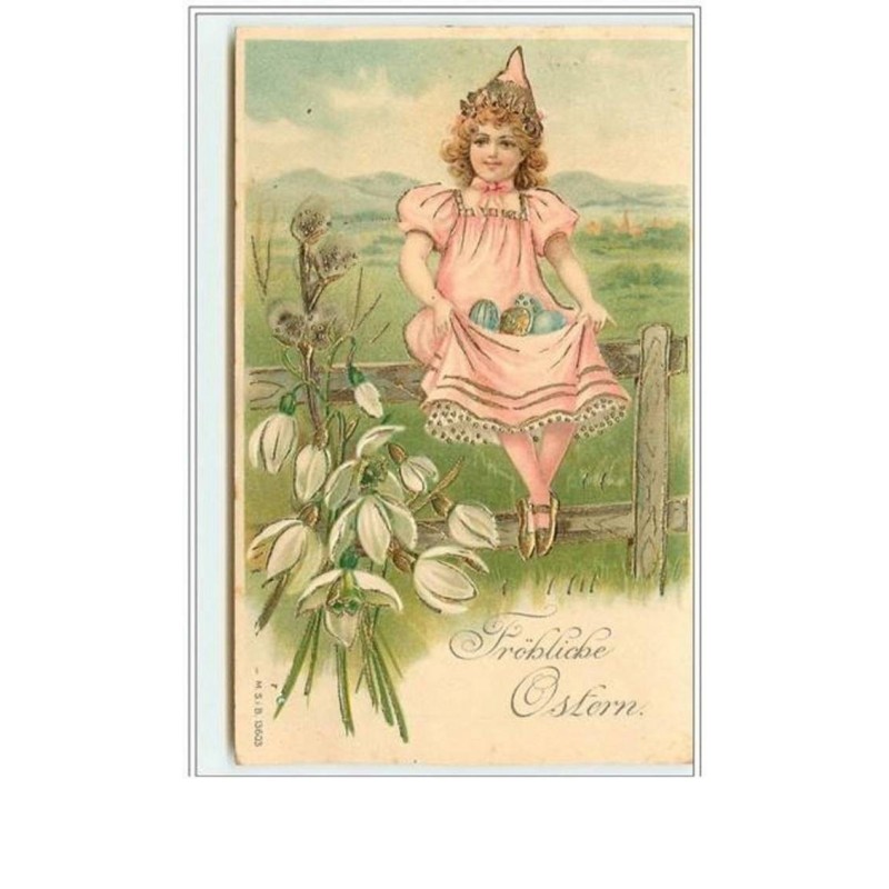 n°2434 - Carte Gaufrée - Fröhliche Ostern - Fillette assise sur une barrière