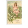n°2434 - Carte Gaufrée - Fröhliche Ostern - Fillette assise sur une barrière