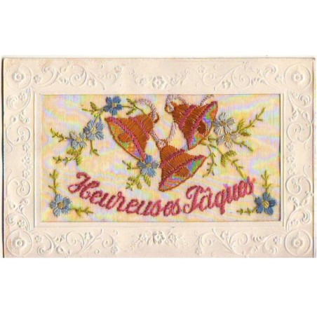 n°24451 - Carte Brodée - Heureuses Pâques - Cloches et Myosotis
