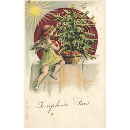n°24466 - Noël - Ange décorant de pommes un sapin - paillettes