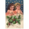 n°24468 - Carte Gaufrée - Joyeux Noël - Deux anges sous des étoiles, près de houx