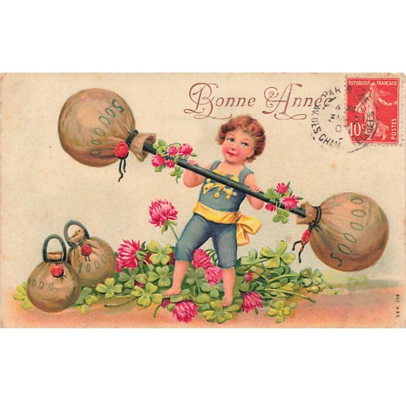 n°24478 - Carte Gaufrée - Bonne Année - Garçon soulevant des poids (sacs de pièces)