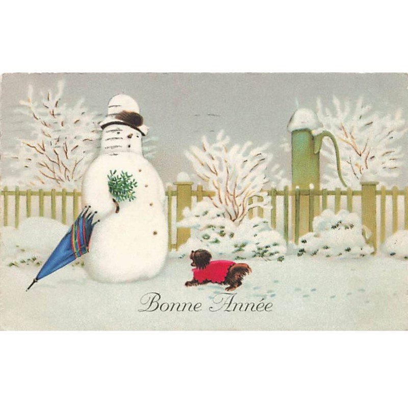 n°24480 - Style Baumgarten - Bonne Année - Chien aboyant après un bonhomme de neige