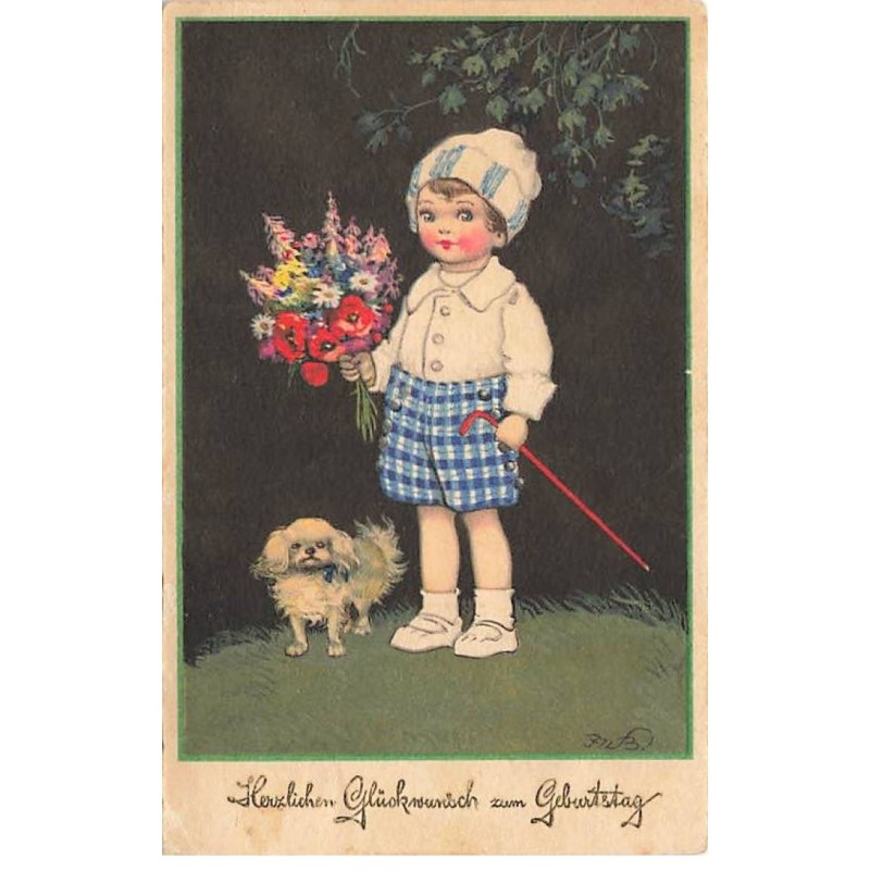 n°24481 - Illustrateur - F. Baumgarten - Enfant apportant un bouquet, accompagnée d'un chien