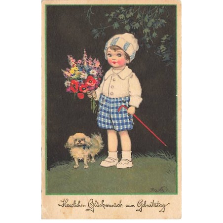 n°24481 - Illustrateur - F. Baumgarten - Enfant apportant un bouquet, accompagnée d'un chien