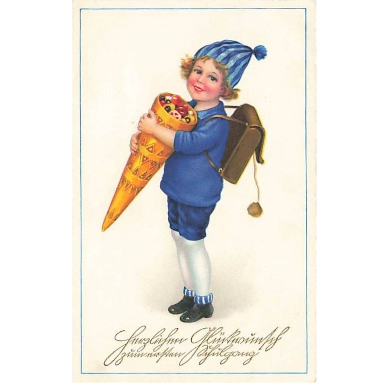 n°24492 - Style Flatscher - Garçon portant un cartable, et des friandises dans une corne d'abondance