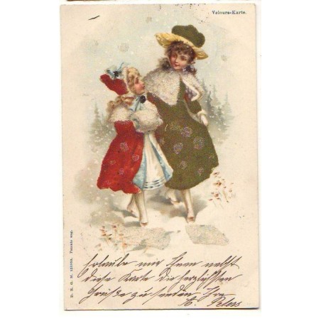 n°24495 - DRGM 135950 - Velours-Karte - Une jeune femme et une fillette se promenant