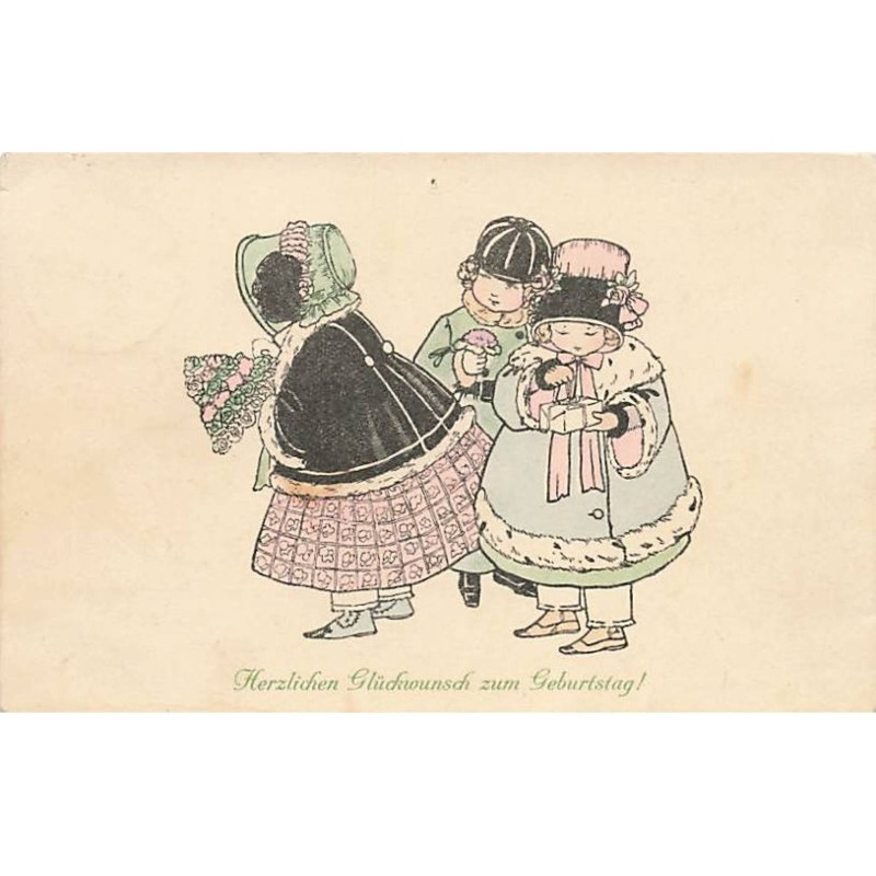 n°24505 - Illustrateur - P. Ebner - Herzlichen Glückwunsch zum Geburstag - Trois fillettes portant des manteaux