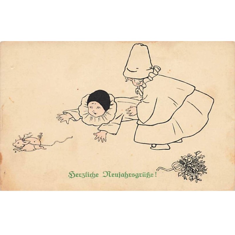 n°24507 - MM Vienne 1077 - P. Ebner - Herzliche Neujahrsgrüss - Deux enfants, dont un en Pierrot et un cochon