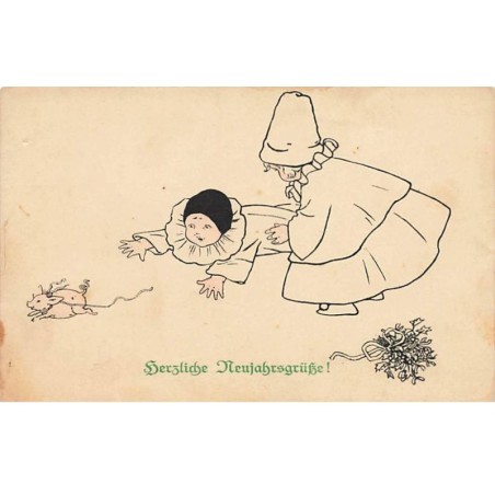 n°24507 - MM Vienne 1077 - P. Ebner - Herzliche Neujahrsgrüss - Deux enfants, dont un en Pierrot et un cochon