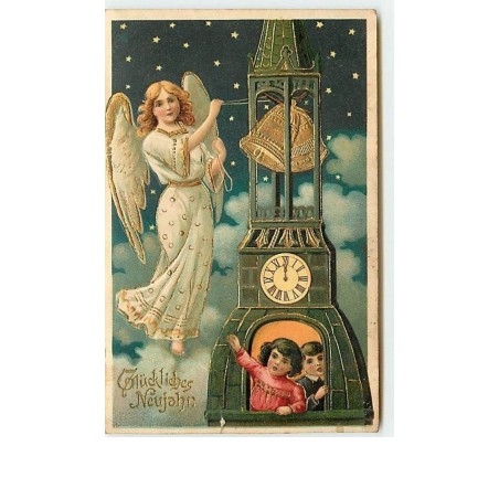 n°11779 - Carte Fantaisie Gaufrée - Glückliches Neujahr - Ange Gardien sonnant les cloches