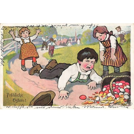 n°24511 - Illustrateur - MM Vienne n°180 - Fröhliche Ostern - Fillettes autour d'un garçon tombé près d'oeufs cassés